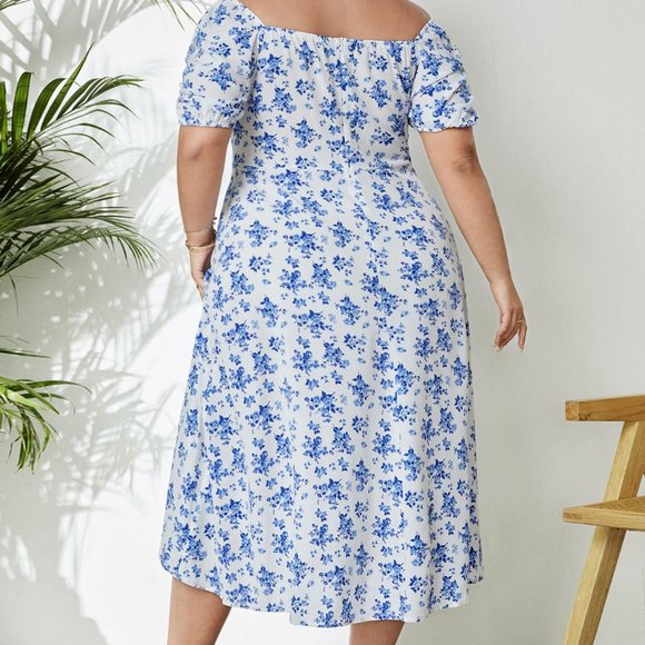 Plus Boho Dress, Floral Print Puff Sleeve Knot Front Split Thigh Dress - Picture 3 of 7